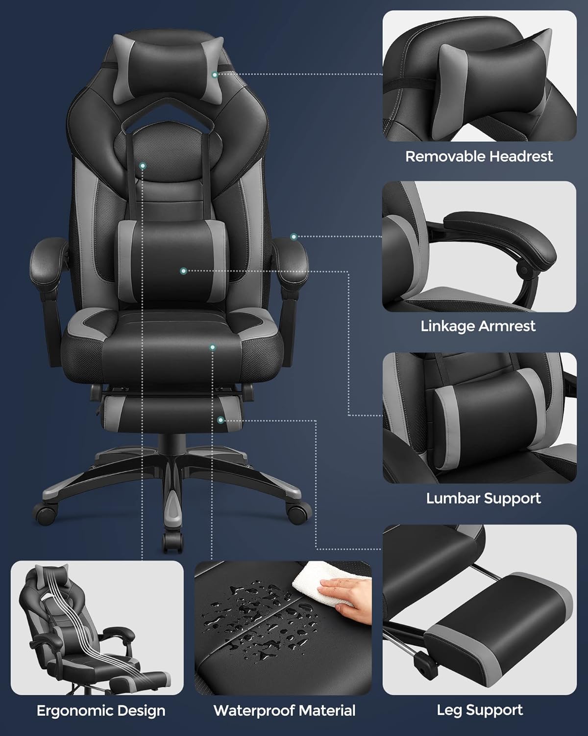 SONGMICS Gaming Chair, Office Racing Chair with Footrest, Desk Chair, Ergonomic Design, Adjustable Headrest, Lumbar Support, 150 kg Load Capacity, Black and Grey OBG77BGUK-3