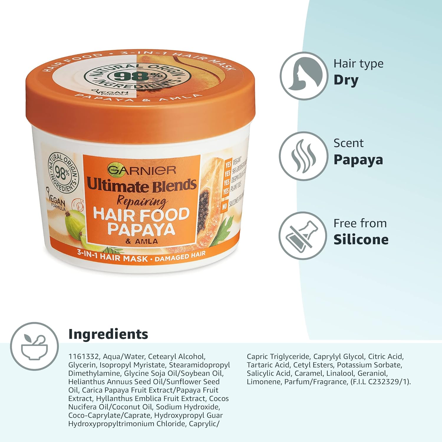 Garnier Hair Food 3-in-1 Hair Treatment Mask, Intensely Nourishes and Repairs Hair, For Damaged Hair, No Silicones, Vegan Formula, Papaya, Ultimate Blends, 400ml-10