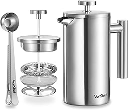 VonShef 6 Cup Cafetiere, Stainless Steel 800ml Double Walled French Press with Measuring Spoon/Bag Seal, Dishwasher Safe Filter Coffee Maker with Plunger