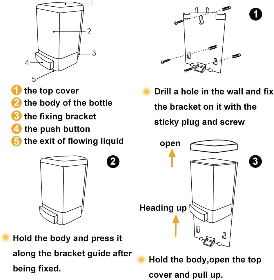 Evhome Manual Soap Dispenser Kitchen Bathroom Wall Mounted Commercial for Liquid Containers Shampoo Gel Chamber Plastic - (33.8 oz) 1000ml-5