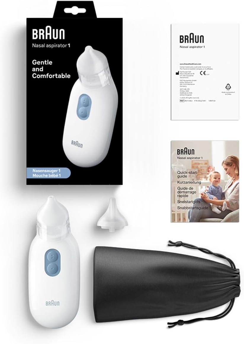 Braun Nasal aspirator 1 - Mucus Remover - Blocked Nose Relief - Electric Suction Power - Two Suction Levels - 2 Nose Tip Sizes - Newborn, Baby, and Child Friendly - Dishwasher Safe - BNA100-6