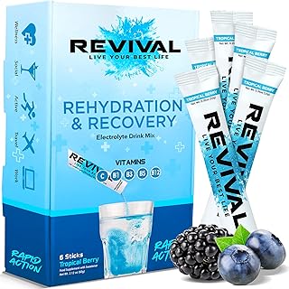 Revival Rapid Rehydration, Electrolytes Powder - High Strength Vitamin C, B1, B3, B5, B12 Supplement Sachet Drink, Effervescent Electrolyte Hydration Tablets - 6 Pack Tropical Berry