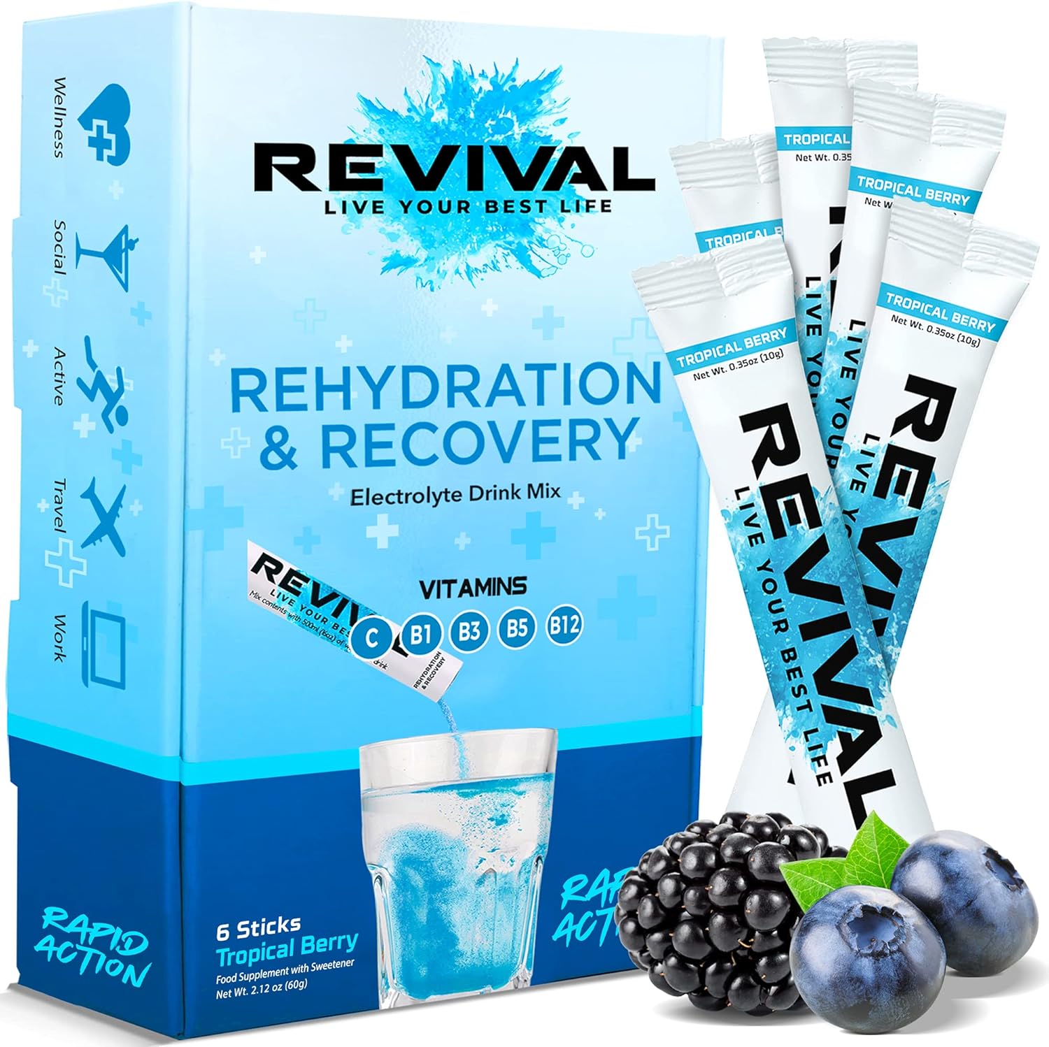 Revival Rapid Rehydration, Electrolytes Powder - High Strength Vitamin C, B1, B3, B5, B12 Supplement Sachet Drink, Effervescent Electrolyte Hydration Tablets - 6 Pack Tropical Berry-0