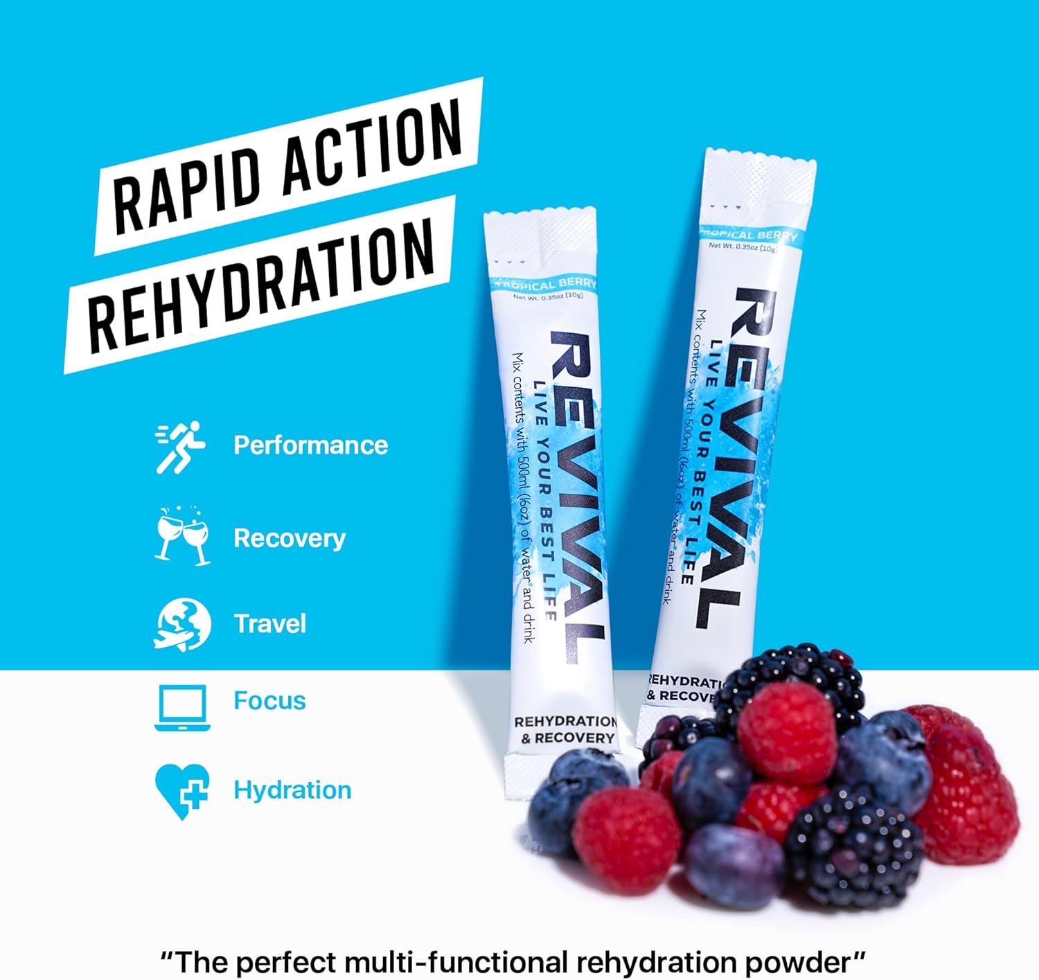 Revival Rapid Rehydration, Electrolytes Powder - High Strength Vitamin C, B1, B3, B5, B12 Supplement Sachet Drink, Effervescent Electrolyte Hydration Tablets - 6 Pack Tropical Berry-2