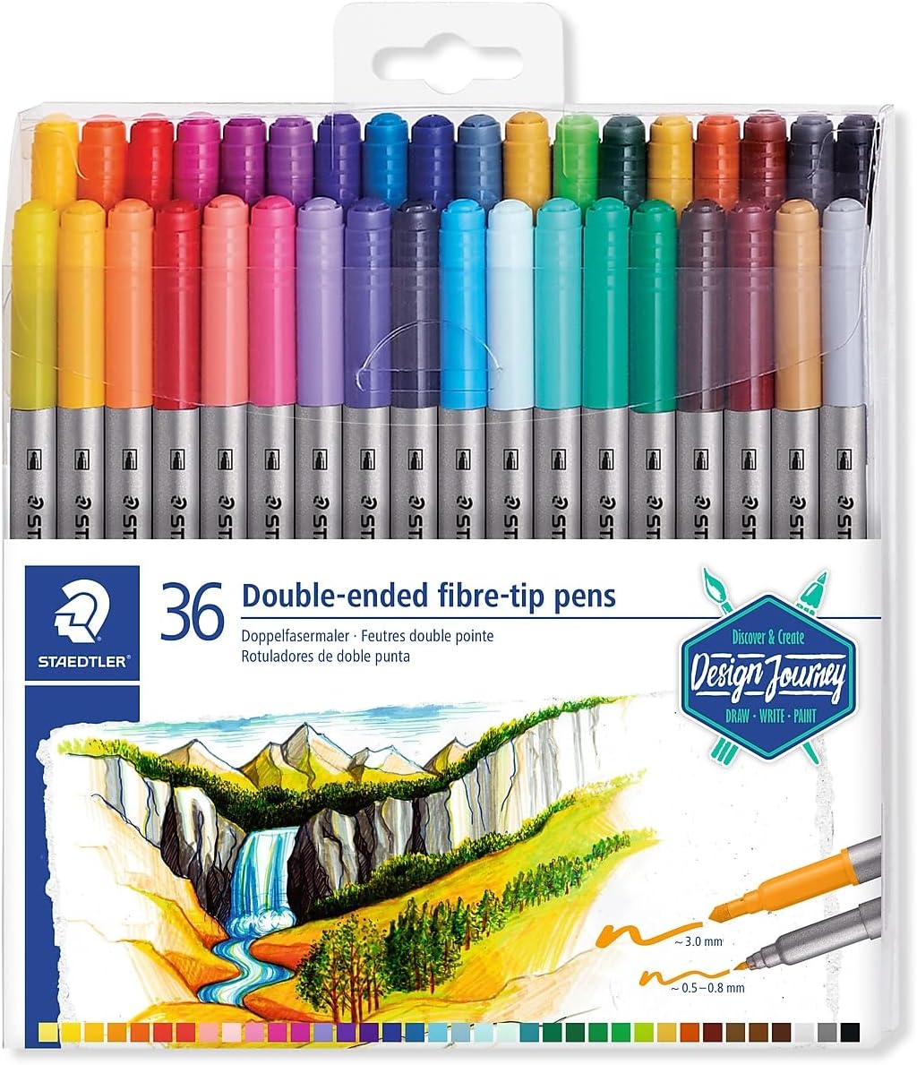 STAEDTLER 3200 TB36 Design Journey Double-Ended Fibre-Tip Pens with Thin & Wide Nibs - Assorted Colours (Pack of 36)-0