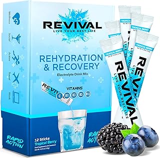 Revival Rapid Rehydration, Electrolytes Powder - High Strength Vitamin C, B1, B3, B5, B12 Supplement Sachet Drink, Effervescent Electrolyte Hydration Tablets - 12 Pack Tropical Berry