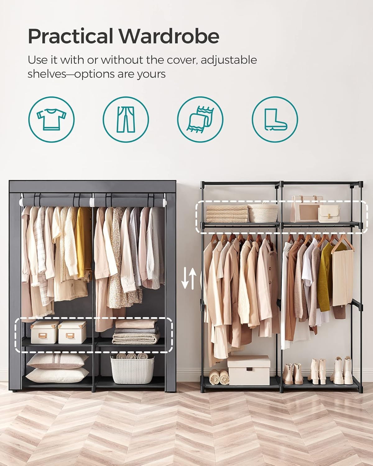 SONGMICS Wardrobe, Clothes Storage Wardrobe for Bedroom with 2 Clothes Rails, Fabric Portable Wardrobe, Collapsible, Clothes Rack, for Closet, 43 x 140 x 174 cm, Grey RYG02GY-2