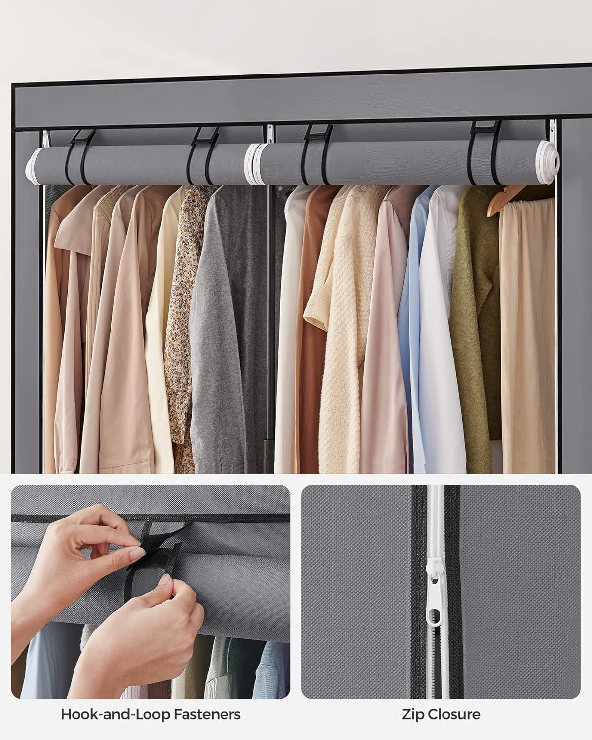 SONGMICS Wardrobe, Clothes Storage Wardrobe for Bedroom with 2 Clothes Rails, Fabric Portable Wardrobe, Collapsible, Clothes Rack, for Closet, 43 x 140 x 174 cm, Grey RYG02GY-7