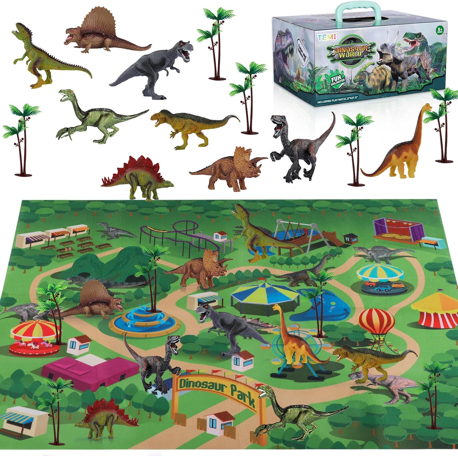 TEMI 9 Pack Dinosaur Toys with Play Mat & Trees for Boys, Educational Realistic Jurassic Playset to Create a Dino World Including T-Rex, Triceratops for Kids, Boys & Girls 3 4 5 6+ Years-0