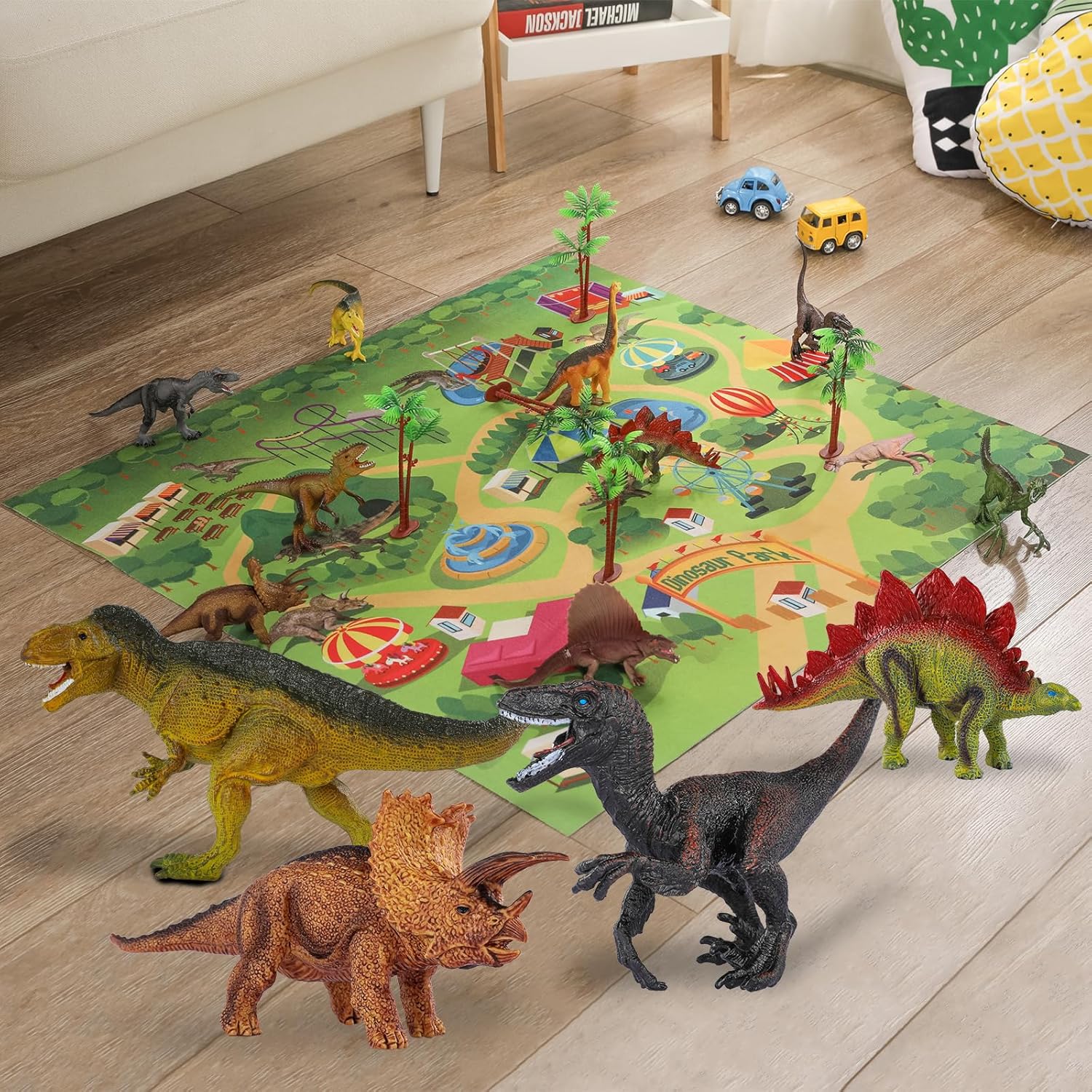 TEMI 9 Pack Dinosaur Toys with Play Mat & Trees for Boys, Educational Realistic Jurassic Playset to Create a Dino World Including T-Rex, Triceratops for Kids, Boys & Girls 3 4 5 6+ Years-8