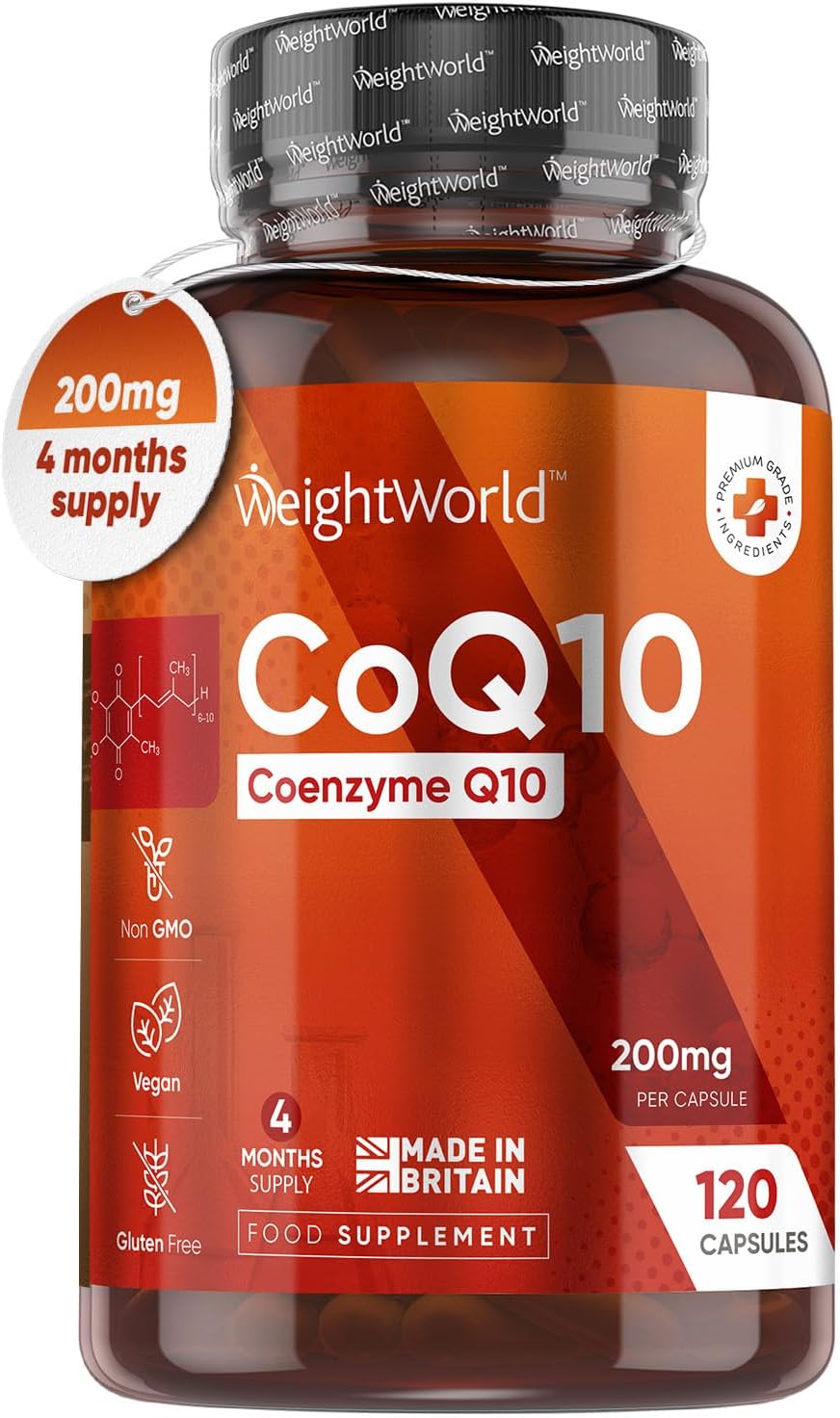 CoQ10 Supplement 200mg - 120 Co Enzyme Q10 High Strength Capsules - 4 Months Supply - Q10 Coenzyme Naturally Fermented & Lab Tested Ubiquinone - High Absorption CoQ10 Supplements-0