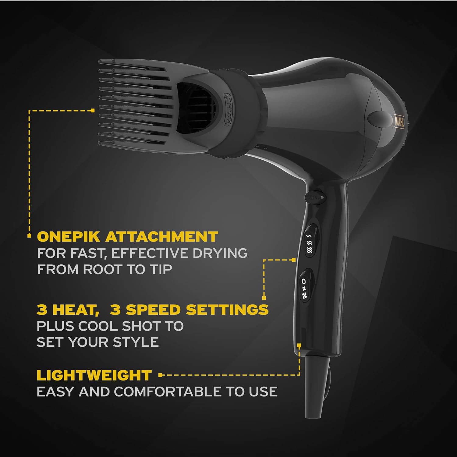 Wahl Hairdryer, PowerPik 2, Dryer for Women, Hair Dryer with Pik Attachment, Afro Hairdryer, Afro-Caribbean Hair, Three Heat Settings, Anti-frizz Drying, Black-1