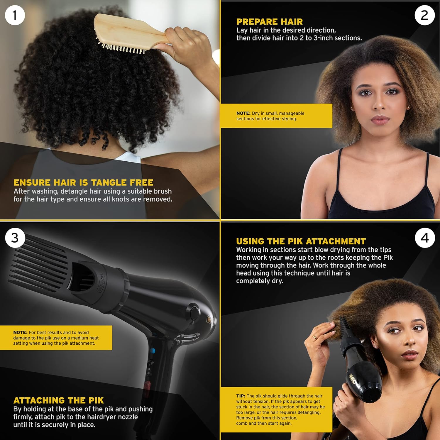 Wahl Hairdryer, PowerPik 2, Dryer for Women, Hair Dryer with Pik Attachment, Afro Hairdryer, Afro-Caribbean Hair, Three Heat Settings, Anti-frizz Drying, Black-6