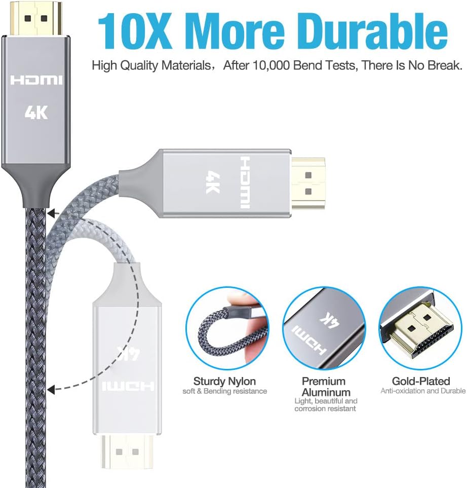 4K HDMI Cable 2M（2pack）HDMI Lead-Snowkids Ultra High Speed 18Gbps HDMI 2.0 Cable 4K@60Hz Compatible Apple/Fire TV, 3D Support,Ethernet, Video 4K UHD 2160p, HD 1080p, PS3/PS4/PC/Blu-ray player-6