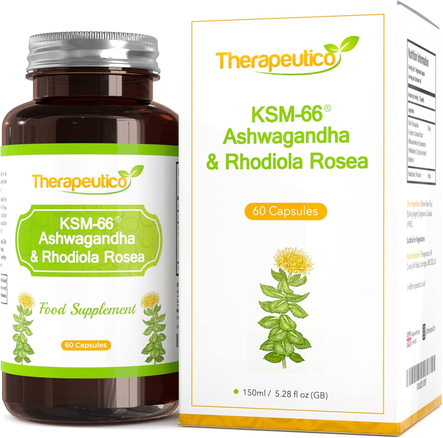 KSM66® Ashwagandha & Rhodiola Rosea Blend | Adaptogen Complex | No Preservatives | 60 Vegan Caps | Made in UK | Relax, Mental Clarity, Focus-0