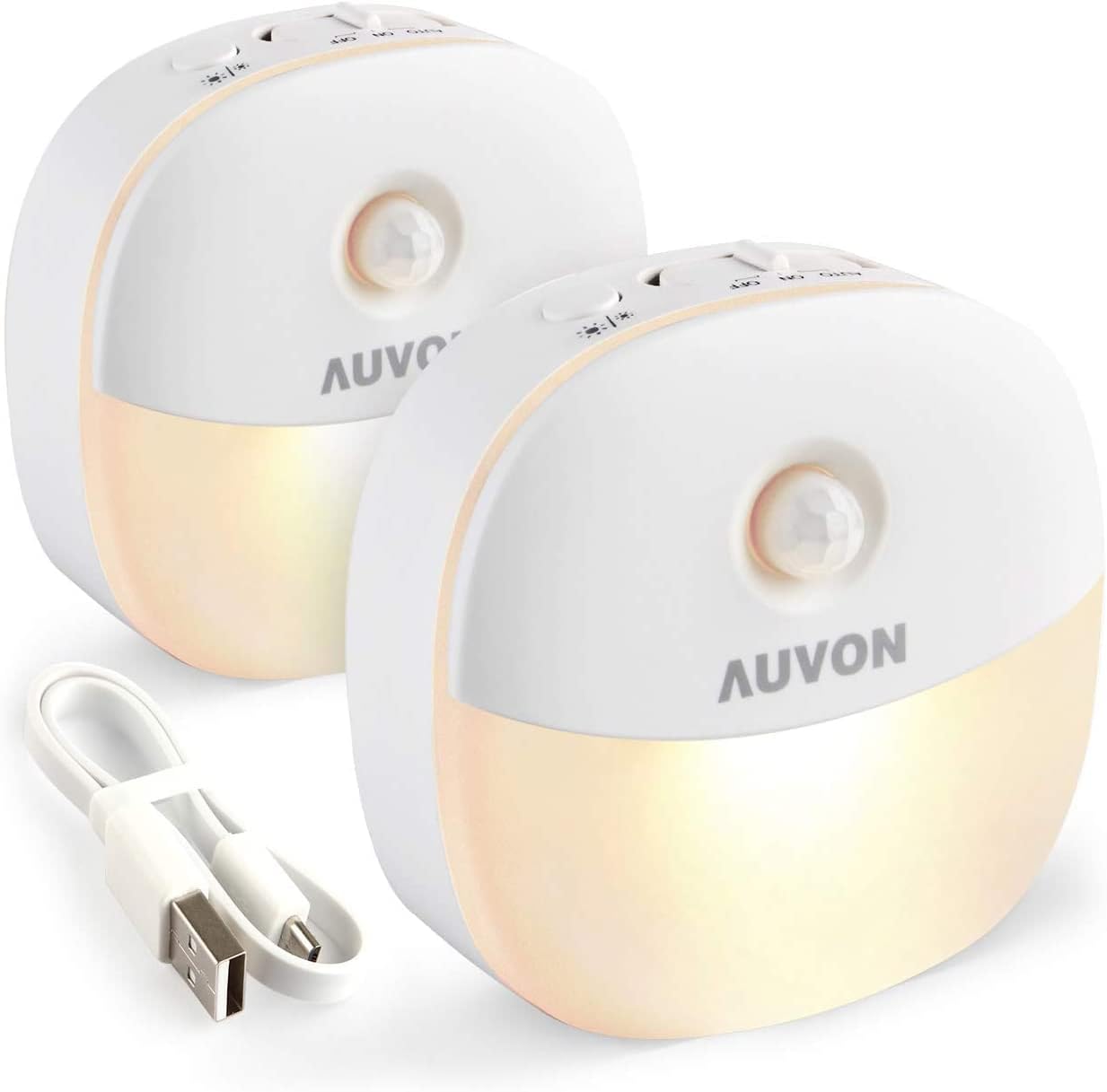 AUVON Night Light, USB Rechargeable LED Motion Sensor Light, Removable Magnetic Strip Stick-On Cupborad, Wardrobe, Closet, Kitchen, Stairs, Bedroom, Hallway (2 Pack,Warm White)-0