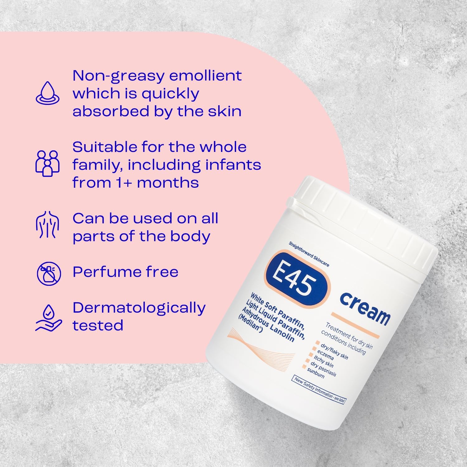 E45 Cream 500 g Tub – Moisturiser for Dry Skin and Sensitive Skin - Emollient Body Cream to Soothe Dry and Irritated Skin - Itchy Skin, Eczema Cream - Perfume-Free Face Cream and Non-Greasy Hand Cream-3