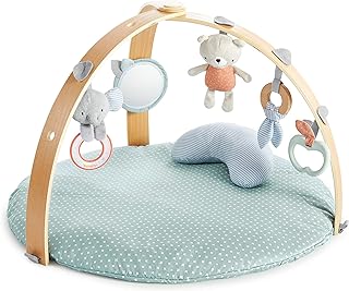 Ingenuity Cosy Spot Reversible Duvet Activity Gym and Padded Play Mat with Wooden Removable Toy Bar, 6 Detachable Toys, Foldable for Easy Transport, Neutral Design - Loamy, Ages Newborn +