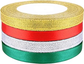 FEPITO 4 Pcs 10mm Christmas Wrapping Ribbon Xmas Ribbons for Gift Wrapping Crafts Christmas Tree Decoration, Red Green Satin Ribbon Gold Silver Glitter Ribbon