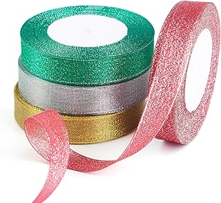 FEPITO 4 Pack 20mm Wide Christmas Ribbon Gold Silver Red Green Ribbon Glitter Organza Ribbon for Gift Wrapping Christmas Decoration(Gold/Silver/Red/Green)