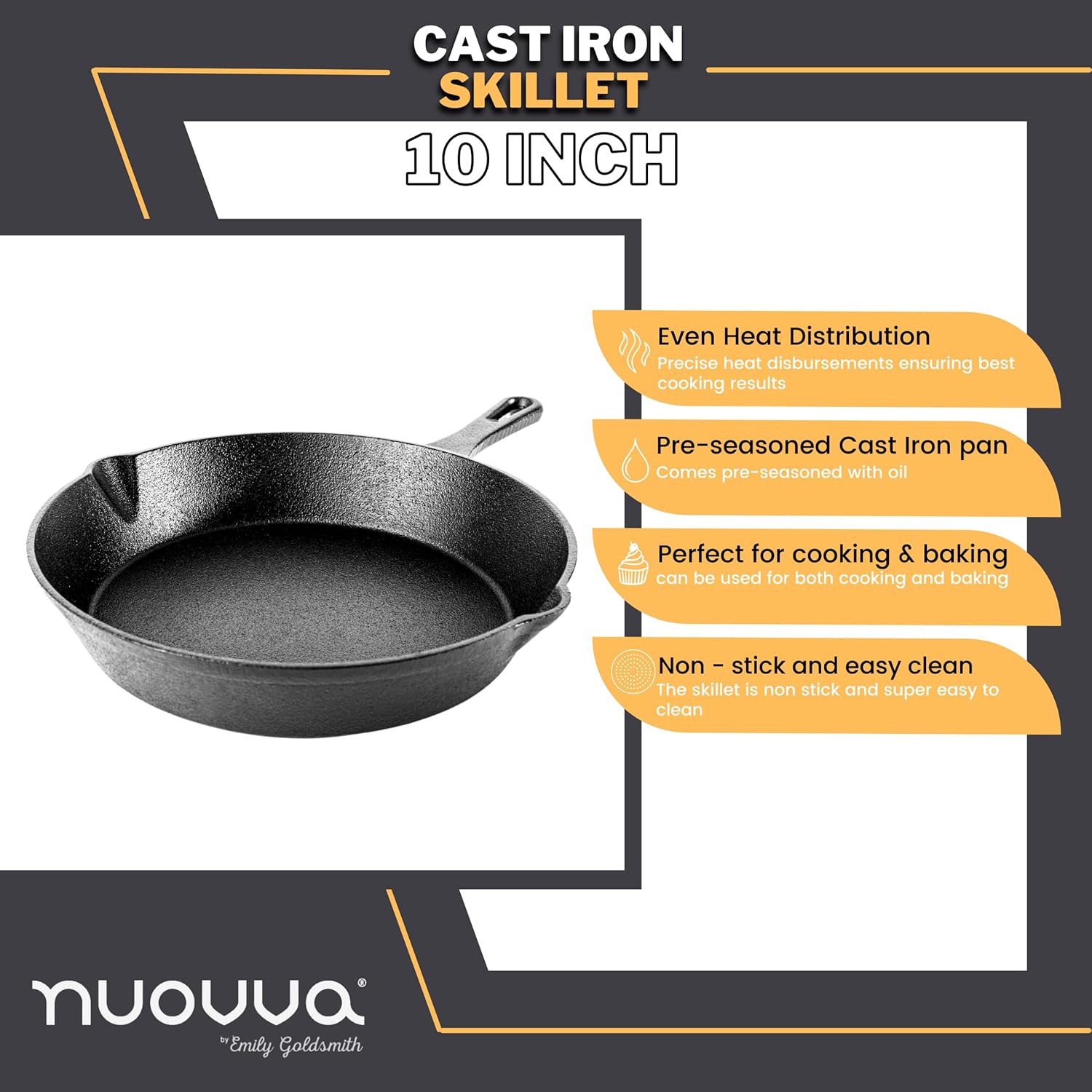 nuovva Pre-Seasoned Cast Iron Skillet Frying Pan Oven Safe Cookware for Indoor & Outdoor Use - Grill, StoveTop, Black (10inch - 25cm)-1