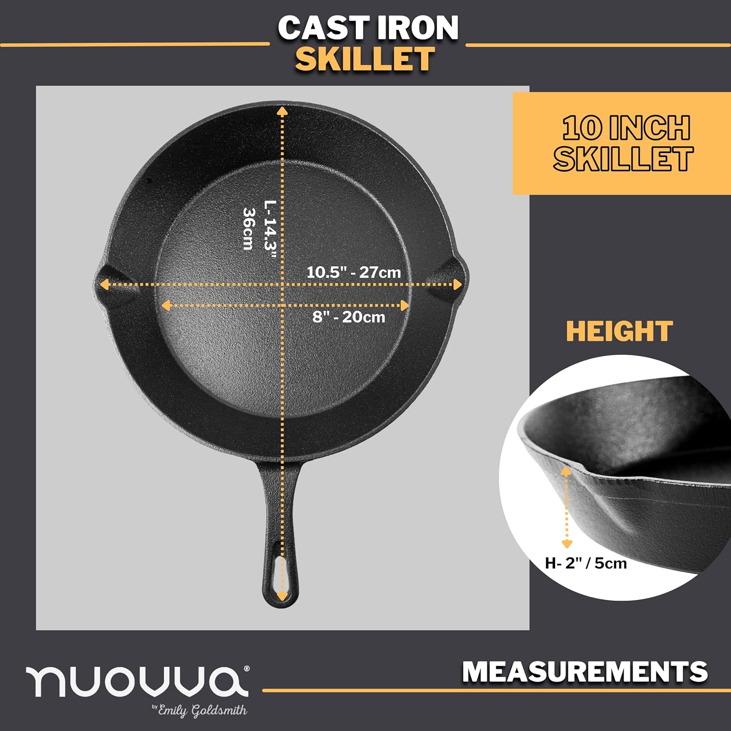 nuovva Pre-Seasoned Cast Iron Skillet Frying Pan Oven Safe Cookware for Indoor & Outdoor Use - Grill, StoveTop, Black (10inch - 25cm)-2