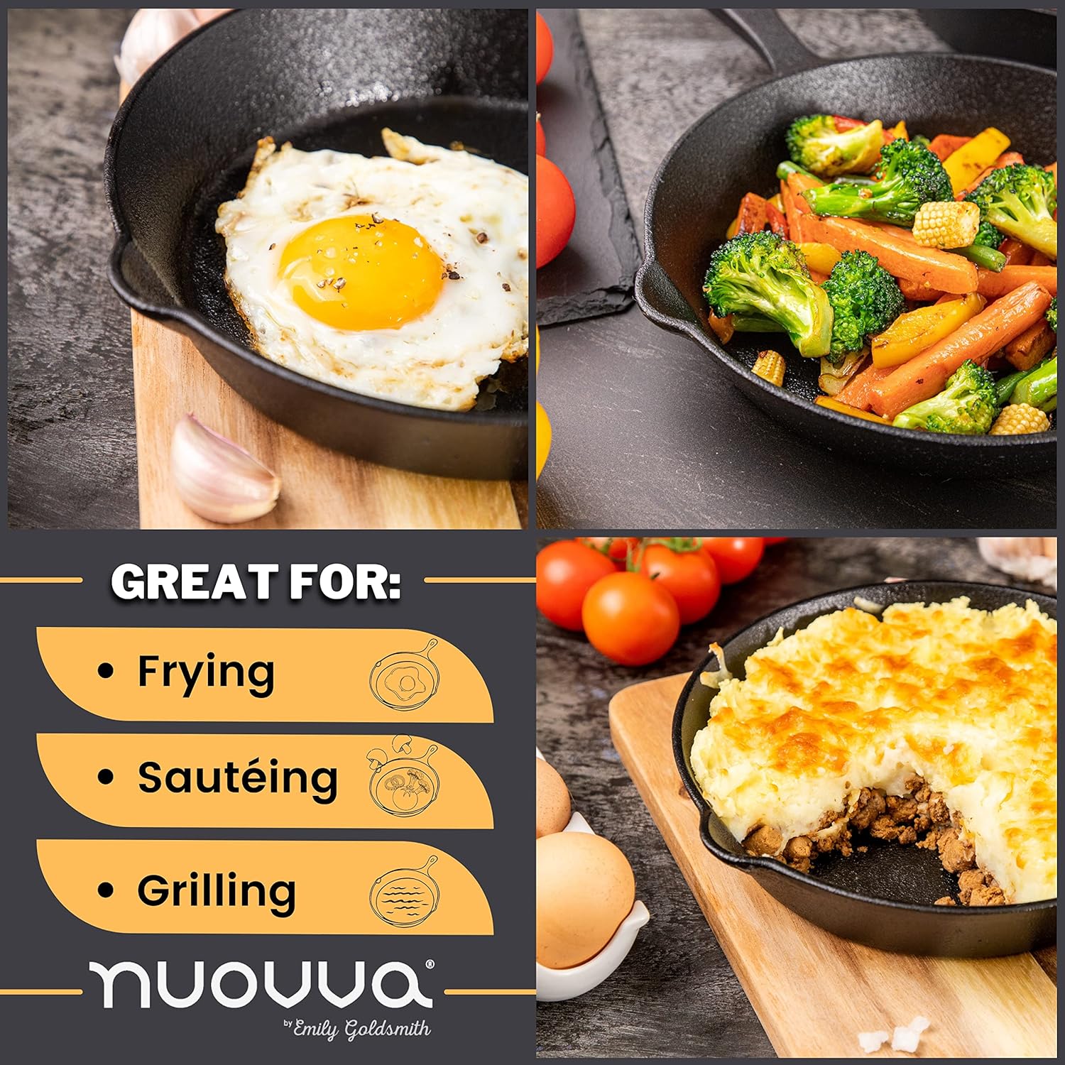 nuovva Pre-Seasoned Cast Iron Skillet Frying Pan Oven Safe Cookware for Indoor & Outdoor Use - Grill, StoveTop, Black (10inch - 25cm)-6