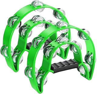 Flexzion Tambourine Metal Half Moon Musical Instruments Double Row Metal Jingles Hand Held Instruments Percussion with Ergonomic Handle Grip, Tambourines for Adults, 2 Packs - Green