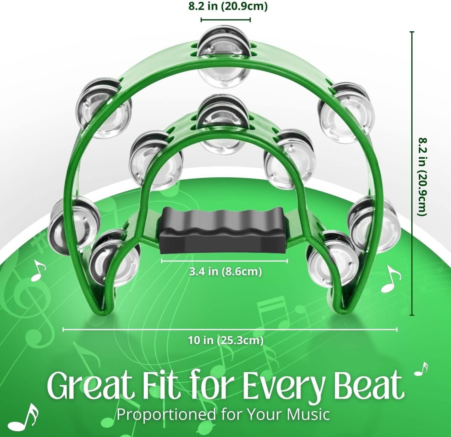 Flexzion Tambourine Metal Half Moon Musical Instruments Double Row Metal Jingles Hand Held Instruments Percussion with Ergonomic Handle Grip, Tambourines for Adults, 2 Packs - Green-3