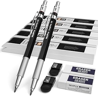 Nicpro 2mm Metal Mechanical Pencil Set, 2PCS Lead Holder 2.0 mm Marker Artist Carpenter Pencils with 120 Graphite Lead Refill (HB 2H 4H 2B 4B & Color), 2 Eraser for Drafting, Drawing Writing Sketching