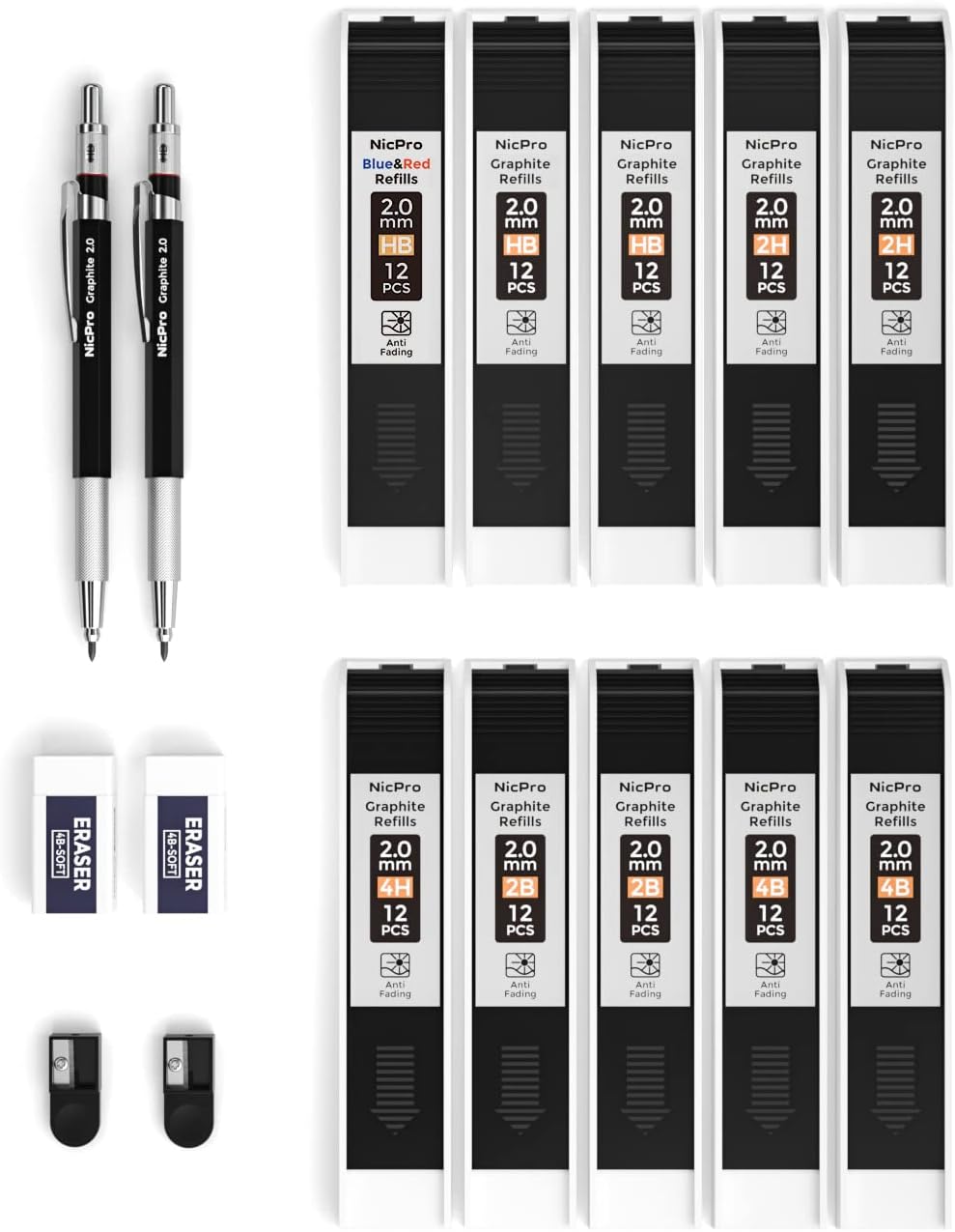 Nicpro 2mm Metal Mechanical Pencil Set, 2PCS Lead Holder 2.0 mm Marker Artist Carpenter Pencils with 120 Graphite Lead Refill (HB 2H 4H 2B 4B & Color), 2 Eraser for Drafting, Drawing Writing Sketching-4