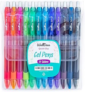 WallDeca Gel Pens | 12 Count, Fine Point Tip (0.5mm), Assorted Rainbow Colors, Retractable | Made for Everyday Writing, Journals, Notes and Doodling