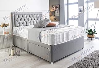 Sleep Factory's Grey Suede Chesterfield Divan Bed Set & Memory Foam Mattress 3FT Single 4FT6 Double 5FT King (4.6FT (Double), 4 Drawers)