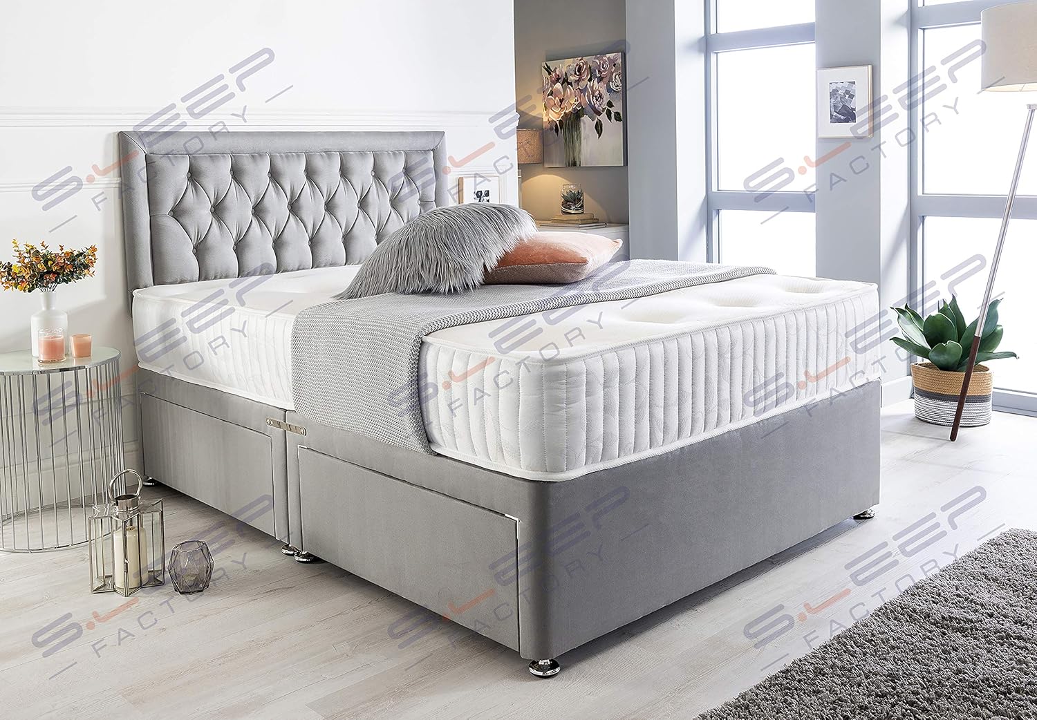 Sleep Factory's Grey Suede Chesterfield Divan Bed Set & Memory Foam Mattress 3FT Single 4FT6 Double 5FT King (4.6FT (Double), 4 Drawers)-0