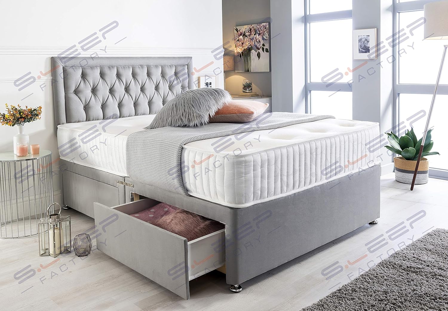 Sleep Factory's Grey Suede Chesterfield Divan Bed Set & Memory Foam Mattress 3FT Single 4FT6 Double 5FT King (4.6FT (Double), 4 Drawers)-1