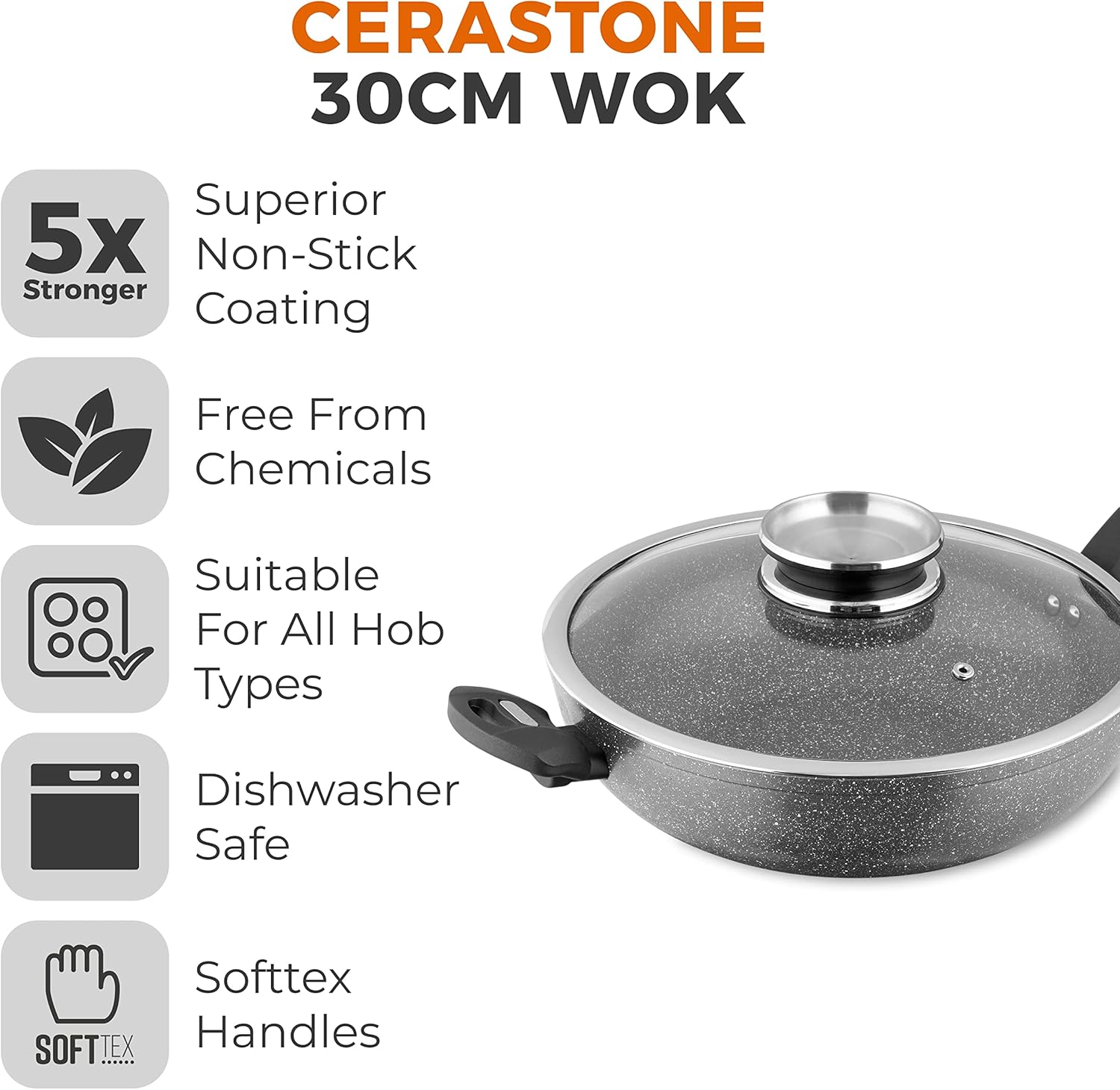 Tower T81279 Cerastone Induction Wok Pan With Glass Lid, Non Stick Ceramic Coating, Easy to Clean, Graphite, 30 cm-1