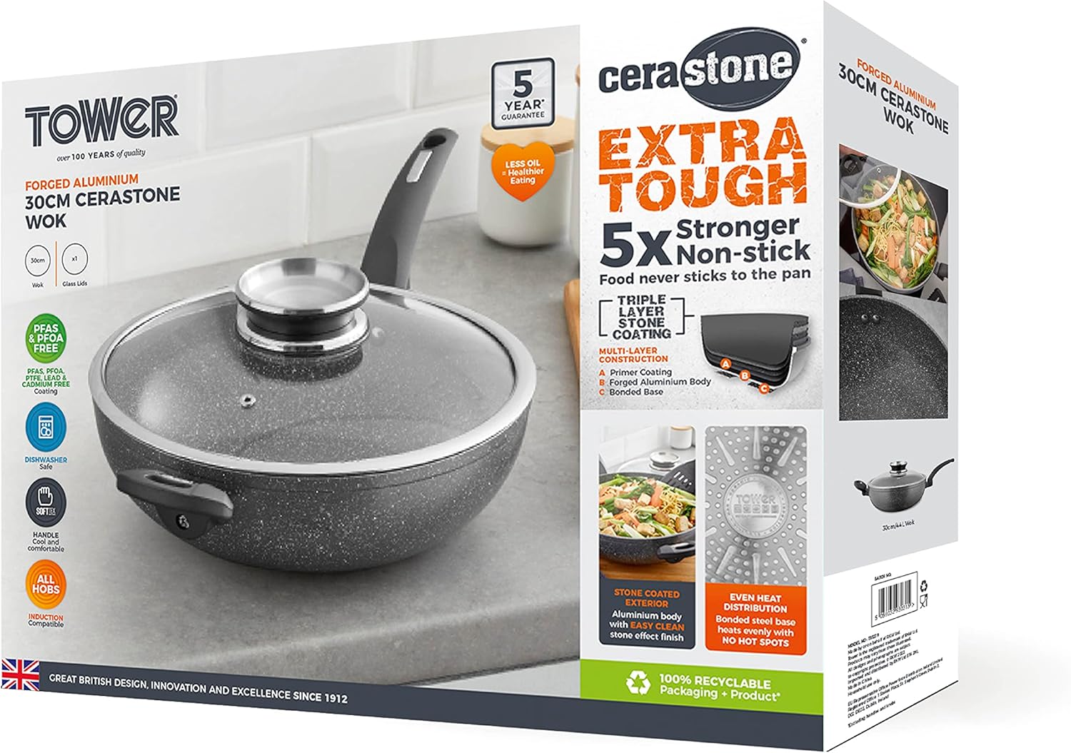 Tower T81279 Cerastone Induction Wok Pan With Glass Lid, Non Stick Ceramic Coating, Easy to Clean, Graphite, 30 cm-11