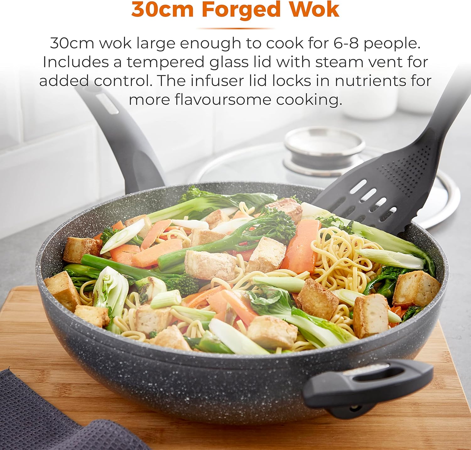 Tower T81279 Cerastone Induction Wok Pan With Glass Lid, Non Stick Ceramic Coating, Easy to Clean, Graphite, 30 cm-2