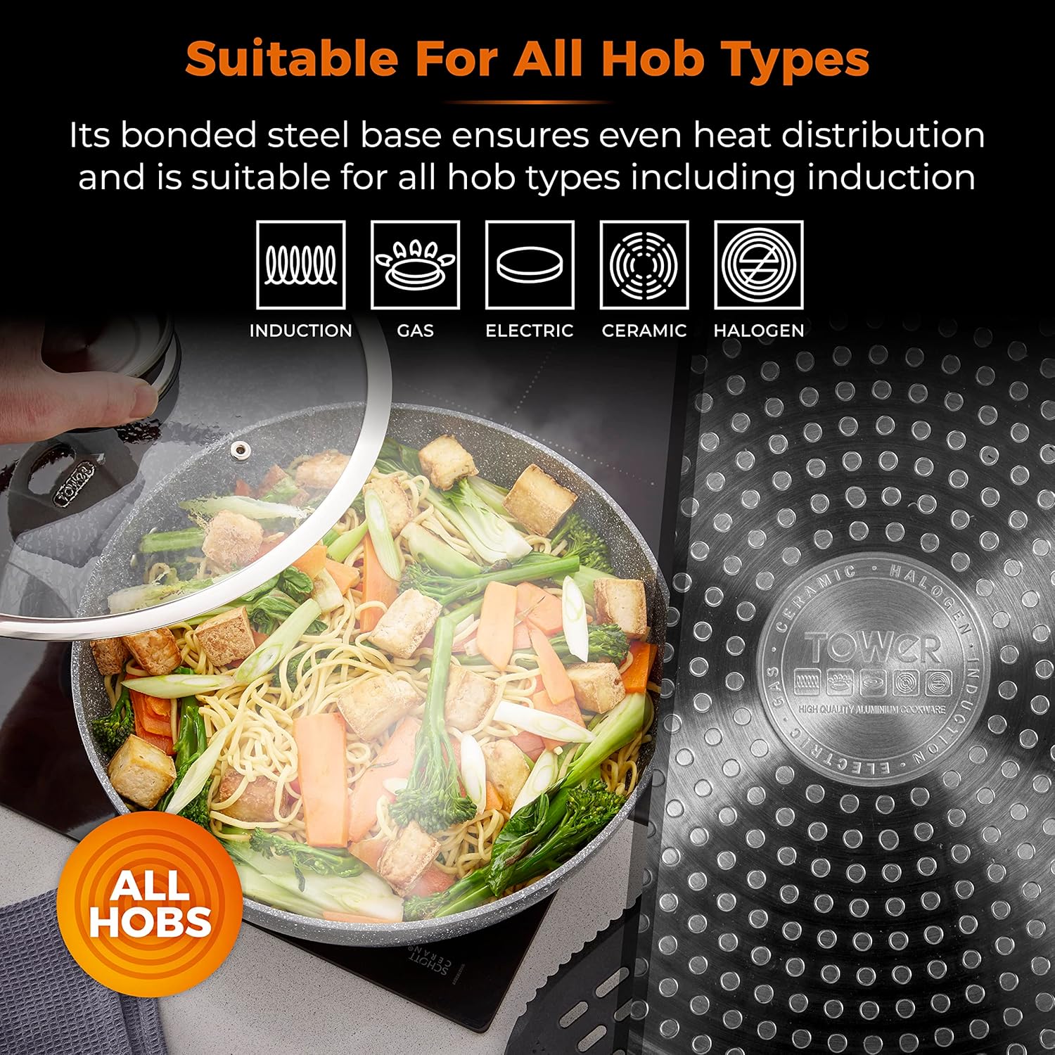 Tower T81279 Cerastone Induction Wok Pan With Glass Lid, Non Stick Ceramic Coating, Easy to Clean, Graphite, 30 cm-5