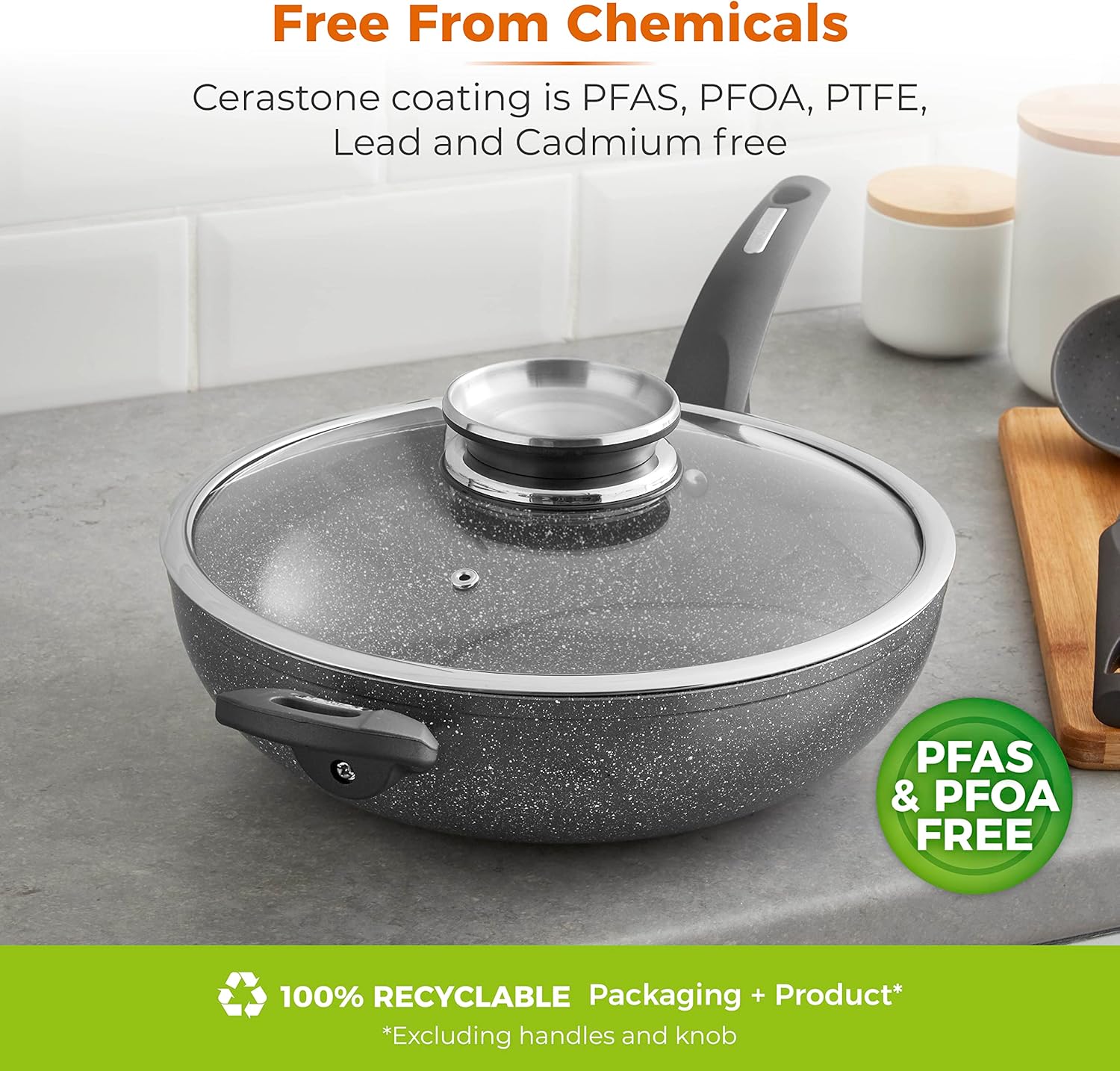 Tower T81279 Cerastone Induction Wok Pan With Glass Lid, Non Stick Ceramic Coating, Easy to Clean, Graphite, 30 cm-7