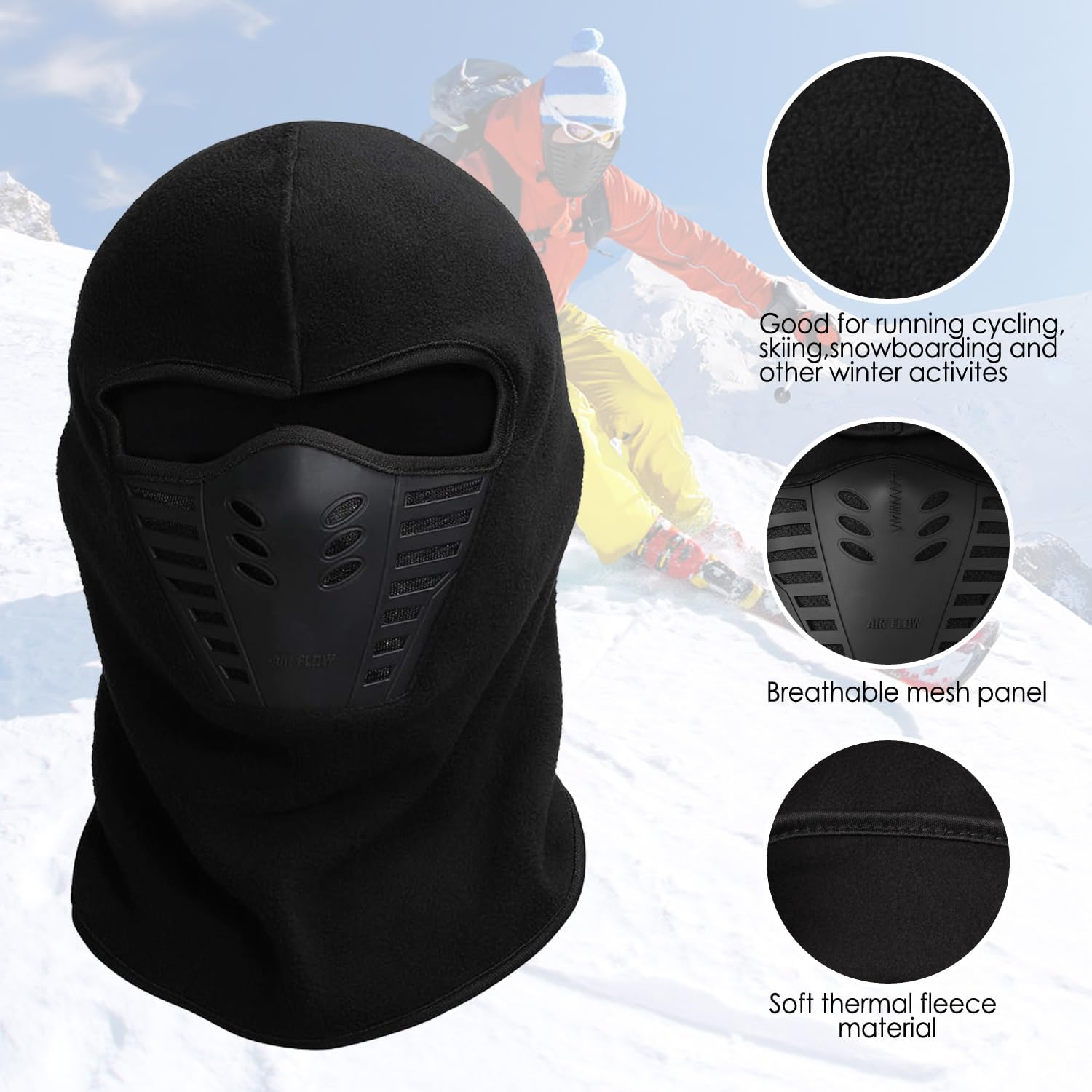 Ski Windproof Sports Mask – Full Face Headgear – Multifunctional Ninja Mask – One Size Black – By TRIXES-4