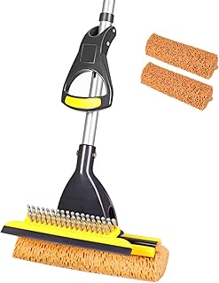 Yocada Sponge Mop Home Commercial Use Tile Floor Bathroom Garage Cleaning with Total 2 Sponge Heads Squeegee and Extendable Telescopic Long Handle 42.5-52 Inches Easily Dry Wringing