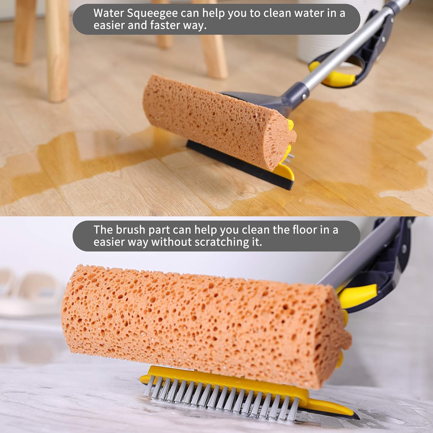 Yocada Sponge Mop Home Commercial Use Tile Floor Bathroom Garage Cleaning with Total 2 Sponge Heads Squeegee and Extendable Telescopic Long Handle 42.5-52 Inches Easily Dry Wringing-1