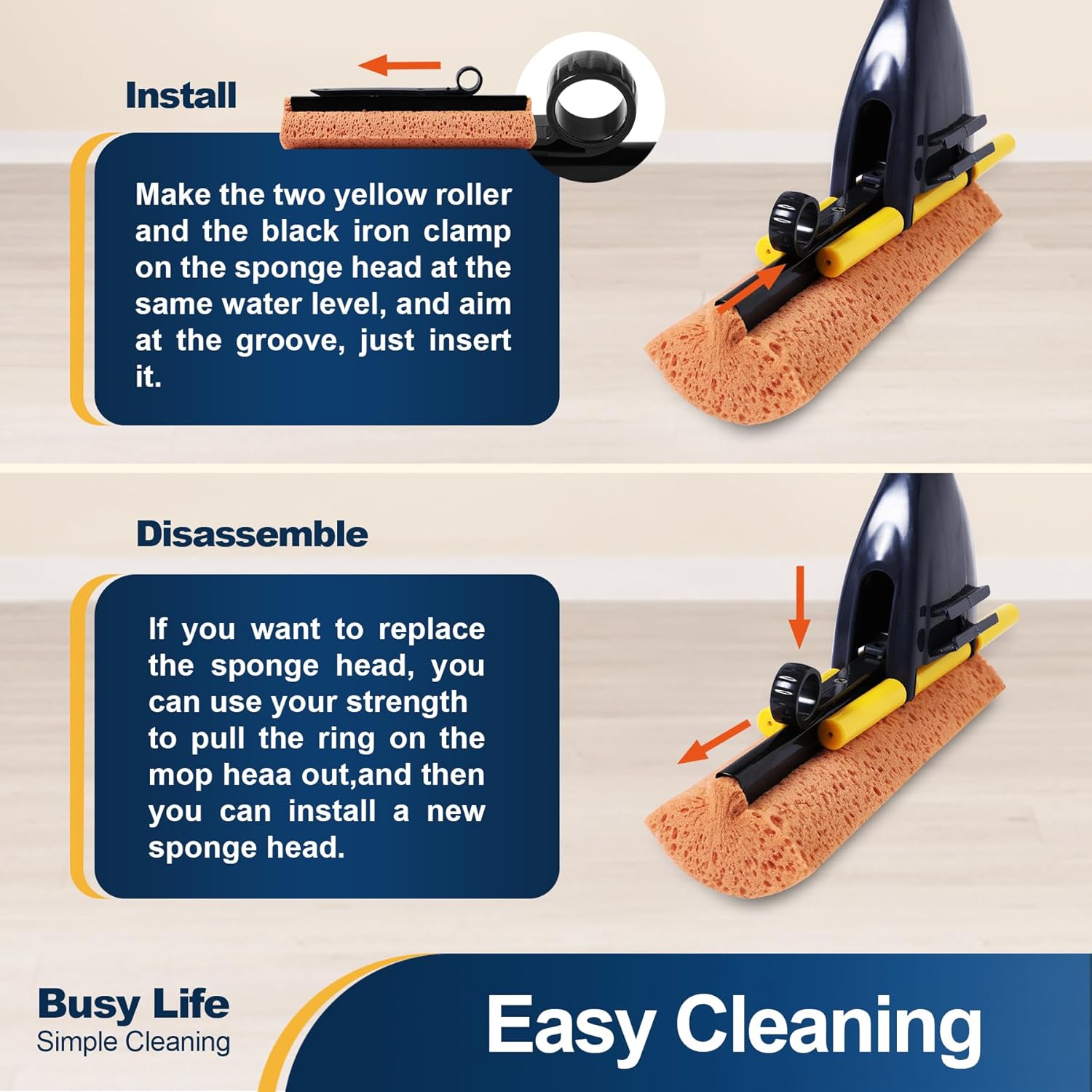 Yocada Sponge Mop Home Commercial Use Tile Floor Bathroom Garage Cleaning with Total 2 Sponge Heads Squeegee and Extendable Telescopic Long Handle 42.5-52 Inches Easily Dry Wringing-3