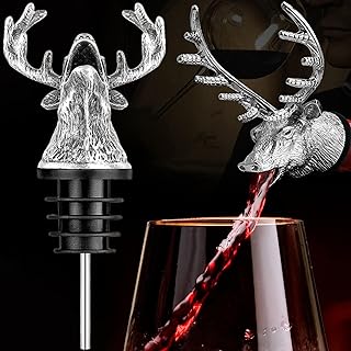 MINGZE Deer Head Wine Pourer, Zinc Alloy Bottle Stopper Deer Stags Shape with Leak-Proof Bung, Accessories for Wine Lover Christmas, Spout fit Most Red, White Wine and Spirits Bottles (Silver)