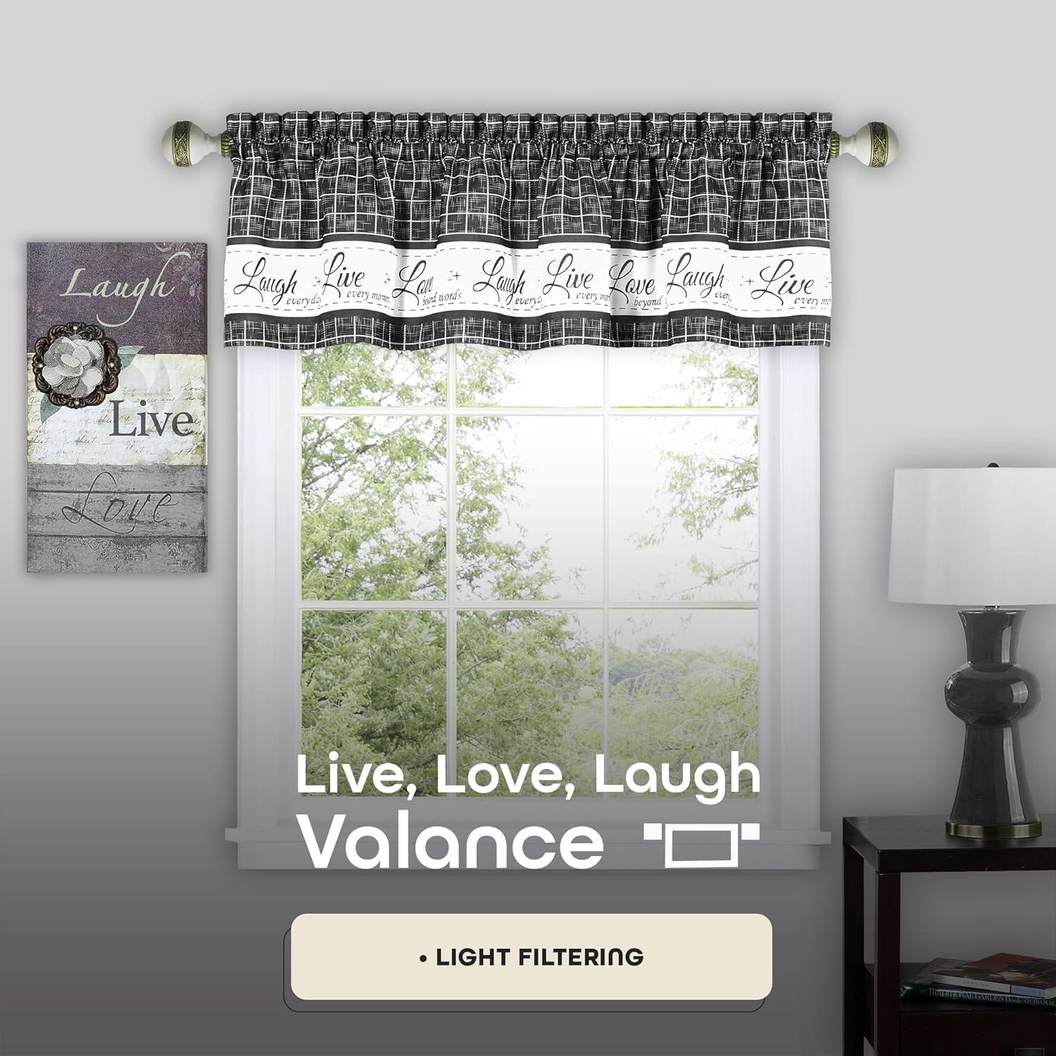 Achim Home Furnishings Live, Love, Laugh Valance 58x14 - Charcoal-1