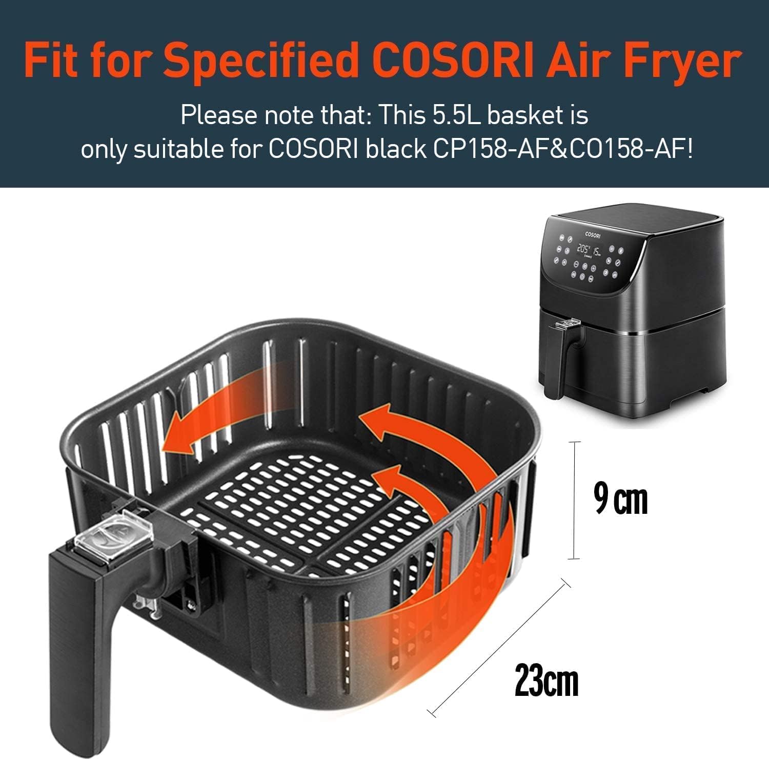 COSORI Replacement 5.5L Black CP158-AF, CS158 & CO158 Air Fryers, Non-Stick Fry Basket, Dishwasher Safe, C158-FB-1