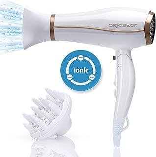 Aigostar Professional Ionic Hairdryer, 2200W Fast Dry Hair Dryer with Concentrator and Diffuser, Foldable Design, 2 Speed & 3 Heat Settings, Cool Button, White- Luna 32QUO