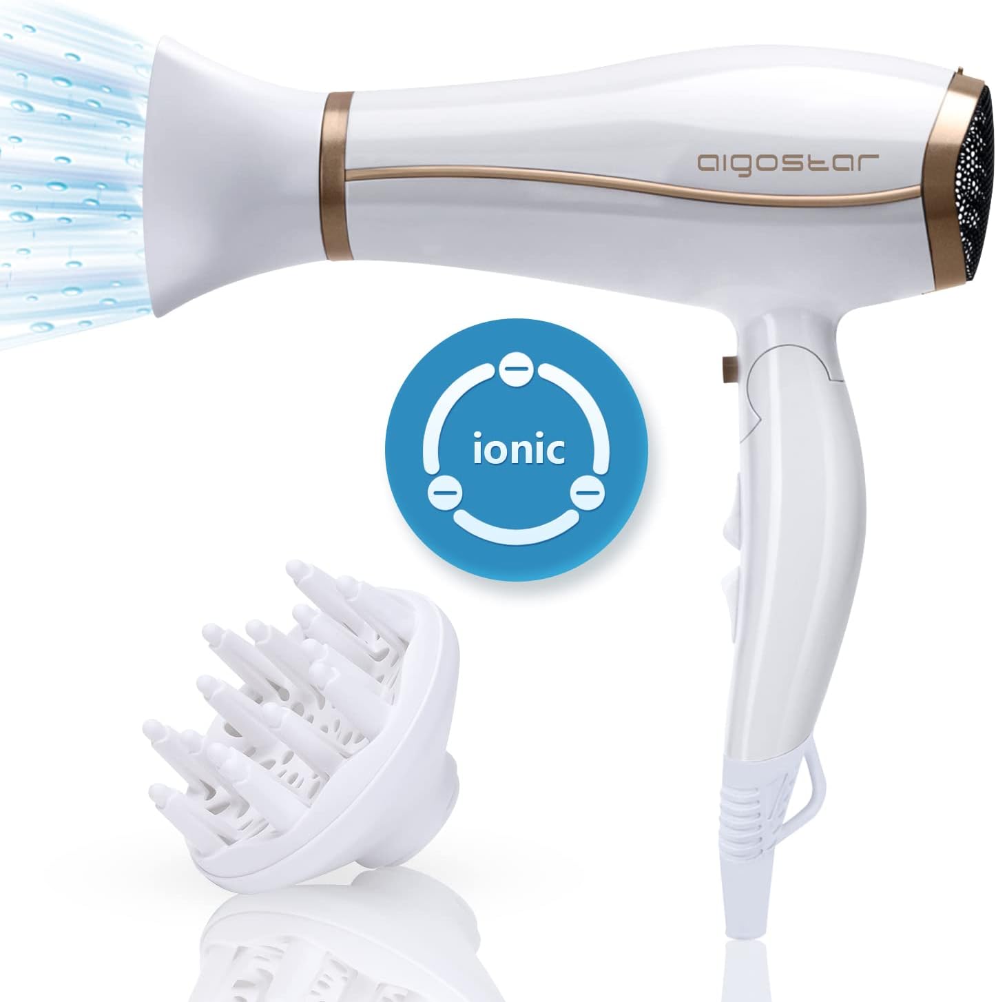 Aigostar Professional Ionic Hairdryer, 2200W Fast Dry Hair Dryer with Concentrator and Diffuser, Foldable Design, 2 Speed & 3 Heat Settings, Cool Button, White- Luna 32QUO-0