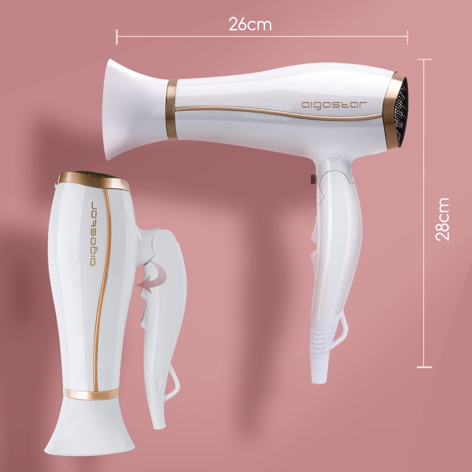 Aigostar Professional Ionic Hairdryer, 2200W Fast Dry Hair Dryer with Concentrator and Diffuser, Foldable Design, 2 Speed & 3 Heat Settings, Cool Button, White- Luna 32QUO-4